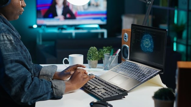 A person using a computer with AI generative software running, showcasing how AI tools can automate tasks and assist in content creation within a modern office environment.
