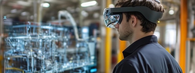 A technician wearing augmented reality glasses, viewing schematics and instructions overlaid on a complex machine in a factory setting.