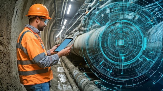 A worker in the oil and gas industry using augmented reality to inspect a pipeline with overlaid data about pressure and flow rate.