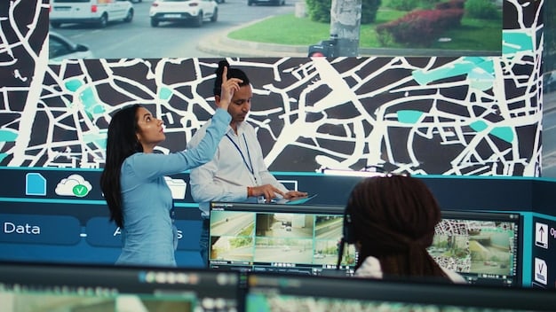A modern control center displaying real-time traffic data in a major Brazilian city. Operators are monitoring traffic flow, adjusting traffic signals, and responding to incidents. The scene showcases a coordinated effort to manage urban traffic efficiently.