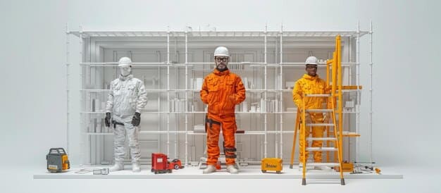 A group of construction workers in hard hats standing next to a large 3D printer, discussing the construction process. The printer is actively building a section of a house wall.