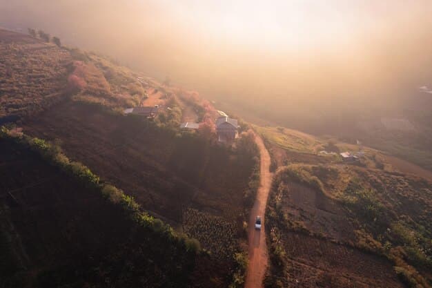 A rural landscape in Brazil with a small package delivery drone flying over a dirt road, representing efficient delivery to remote areas overcoming infrastructure challenges.