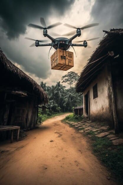 A drone delivering a package to a person in a rural area of Brazil, emphasizing the convenience and efficiency of drone delivery in remote locations.