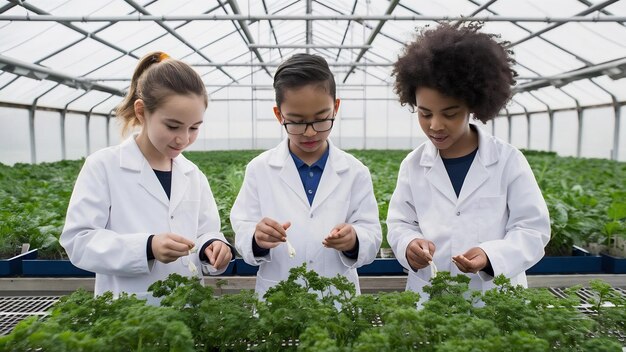 A laboratory scene with a diverse team of Brazilian researchers working on genetically modified crops, analyzing plant samples under microscopes, and using computer simulations to improve crop resilience and yield. The focus is on innovation in agriculture.