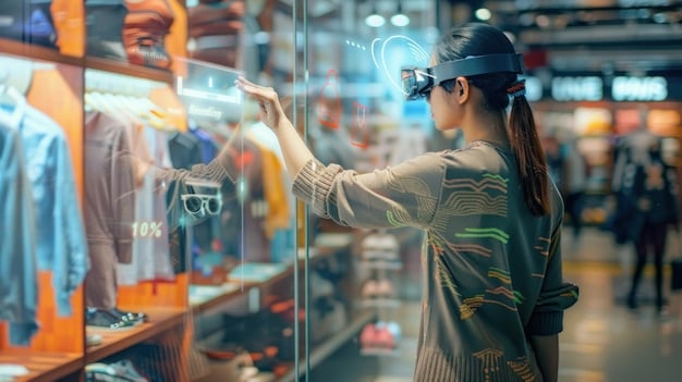 A virtual shopping mall in the metaverse, showcasing Brazilian brands and consumers interacting with products in a 3D environment, highlighting the potential of e-commerce and retail within the metaverse in Brazil.