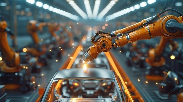 Close-up of a robotic arm meticulously assembling a car engine in a Brazilian automotive factory. The robot's movements are precise, and the background shows a state-of-the-art facility. The image highlights the use of robotics in enhancing precision and quality in automotive manufacturing.