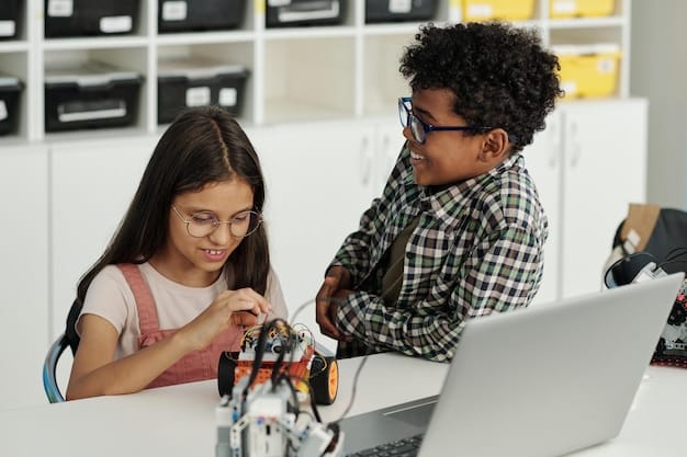 A class of Brazilian students learning about robotics in a modern classroom setting. The students are diverse and engaged, and the teacher is demonstrating a robotic arm. The image conveys the importance of education and training in preparing the workforce for the future of automation in the automotive industry.