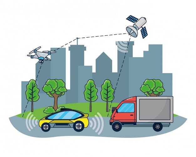 A digital illustration showing a network tower emitting 5G signals that connect autonomous vehicles, drones, smart home devices, and industrial machinery, illustrating the interconnectedness enabled by 5G technology.