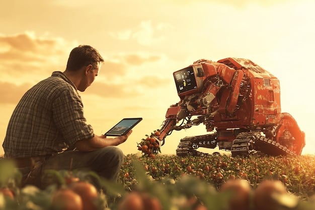 A futuristic agricultural scene where a farmer uses a tablet to control autonomous tractors and drones monitoring crops, all connected via a 5G network represented by subtle waves of light emanating from a nearby cell tower.