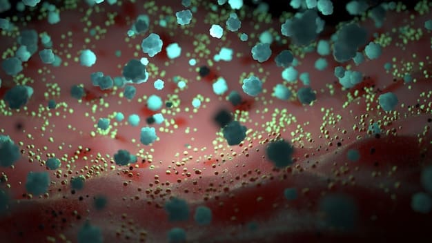 A microscopic image showing nanoparticles interacting with biological cells, highlighting drug delivery.