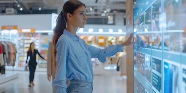 A modern retail store implementing edge computing for personalized shopping experiences, featuring smart shelves, personalized promotions, and seamless checkout processes.