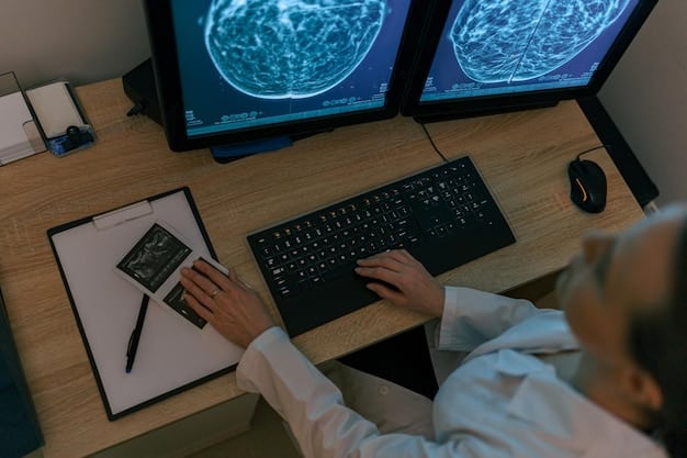 A close-up shot of a medical professional examining a brain scan on a computer screen, with an AI interface highlighting specific areas of interest in the scan. The AI interface is providing data-driven insights to assist in the diagnosis.