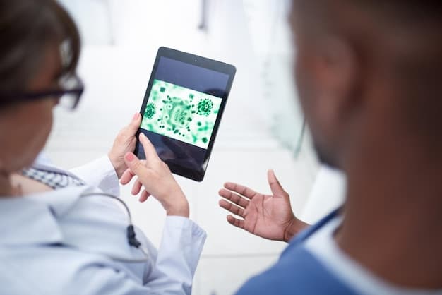 A doctor explaining personalized treatment options to a patient using a tablet that displays AI-generated insights based on the patient's medical history and genetic information.