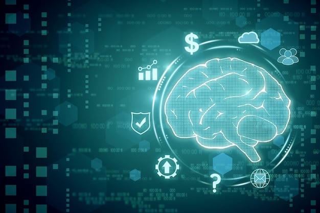 A digital representation of a brain surrounded by data points, with a magnifying glass focusing on a single data point, symbolizing the analysis of personal data under the LGPD.