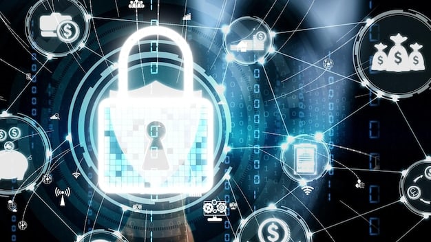 A series of interconnected digital locks and keys, representing the secure transfer of sensitive data in the financial and healthcare sectors, under the regulations of the LGPD.