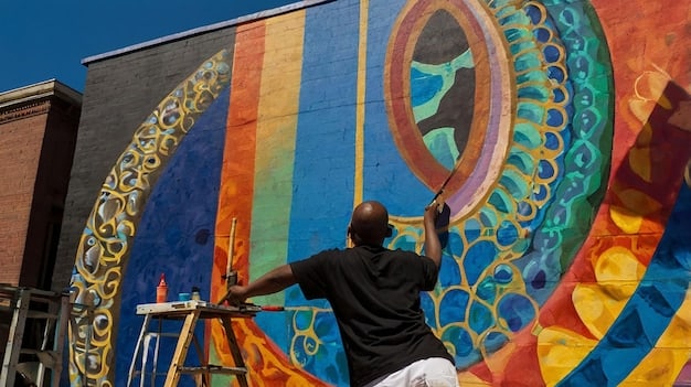 A Brazilian artist working on a large-scale mural in a public space. The scene is vibrant and captures the energy of street art in Brazil.