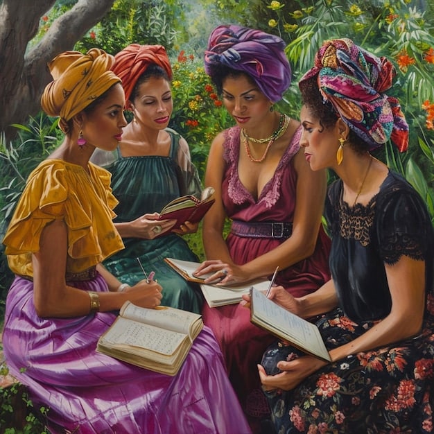 An inclusive literary event panel featuring diverse Brazilian women authors discussing their books and experiences in the industry. The backdrop consists of bookshelves and a banner with the event's name.