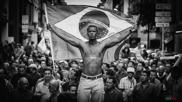 A black and white photograph of a protest in Brazil, with people holding banners with national symbols and slogans, reflecting the rise of nationalist sentiments in the country. The image captures the energy and fervor of the demonstrators, as well as the underlying tensions and divisions within society.