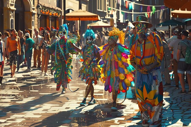 A crowded street scene during Carnival in Rio de Janeiro, showing elaborate costumes, floats, and a large number of people celebrating. The image captures the energy and commercial aspects of Carnival.