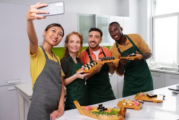 A collage of various Brazilian influencers showcasing different facets of Brazilian culture: a chef presenting traditional cuisine, a musician playing a regional instrument, a dancer performing a folk dance, and a visual artist displaying their artwork inspired by Brazilian heritage, all promoting their content on different social media platforms.