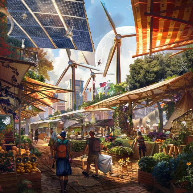 A panoramic view of a cultural event in Brazil that is powered by solar energy. The event features sustainable vendors and educational exhibits about environmental conservation.