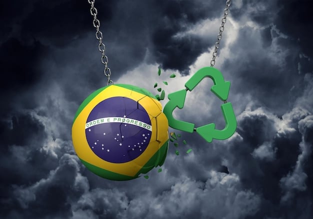 A digital illustration of a scale balancing Brazilian flags against international flags, symbolizing the delicate balance of national interests and global perception.