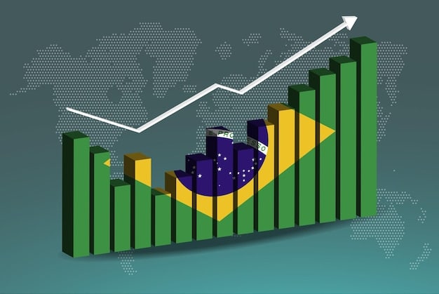 A stylized graph comparing several countries' innovation index scores over time including Brazil, showing a fluctuating upward trend for Brazil indicating progress in innovation capabilities.
