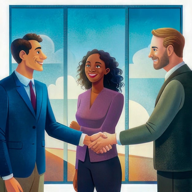 A digital illustration showcasing a handshake between a Brazilian representative and a representative from another country, symbolizing international trade agreements. The background features a stylized globe with interconnected trade routes.