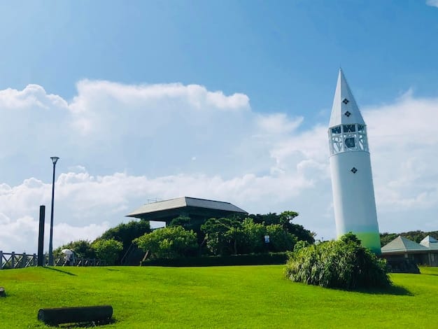 A medium shot of the Centro de Lançamento de Alcântara (CLA), with a rocket on the launchpad ready for liftoff. The surrounding area is lush green vegetation and clear blue sky.