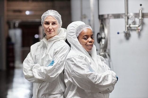 A close-up shot of a group of Brazilian engineers in a cleanroom environment, working on assembling a satellite. They are wearing protective gear.