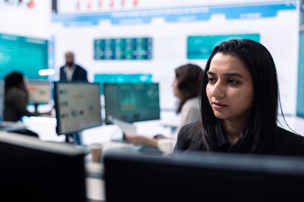 A photograph of a cybersecurity expert in a Brazilian government office, analyzing data on multiple monitors, with the Brazilian flag subtly displayed in the background. The scene conveys a sense of vigilance and dedication to protecting the nation's digital assets.