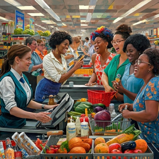 A diverse group of Brazilians shopping for groceries, comparing prices of different products, and using coupons to save money, showcasing practical measures to optimize personal budgets during inflation.