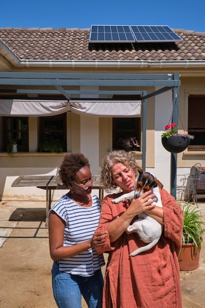 A family installing solar panels on their rooftop in a sunny urban neighborhood in Brazil. The image shows a practical and empowering solution for homeowners facing rising energy costs.