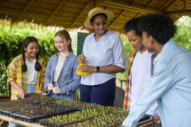 A diverse group of Brazilian farmers participating in a workshop about sustainable agriculture techniques, organized by a government-funded program. The farmers are listening attentively and taking notes, with educational materials visible in the background.