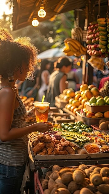 A bustling farmers market in a Brazilian city, filled with stalls selling fresh produce, handmade goods, and local artisanal products. The market is crowded with people, creating a vibrant atmosphere of community and commerce.