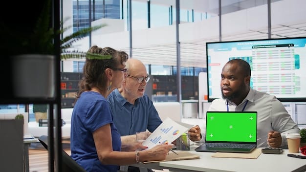 A diverse team of Brazilian data scientists collaborating in a brightly lit, modern office, working on laptops with complex AI algorithms displayed on the screens. Focus on teamwork and innovation.