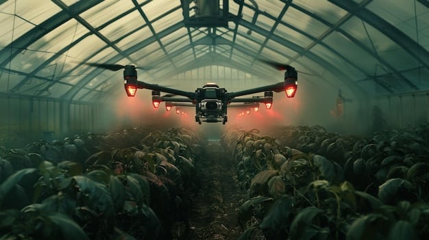 A futuristic Brazilian smart farm with drones monitoring crops and robotic machines tending to the fields, all controlled by an AI system. Focus on sustainable agriculture and technological innovation.