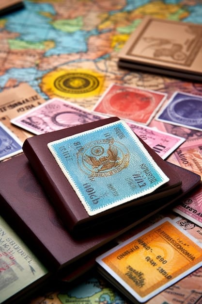 Close-up photo of a Brazilian passport with various visa stamps from different countries, symbolizing international travel and immigration processes, with a blurred background of airport departure signs.