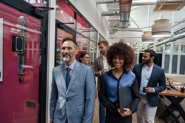 A diverse group of professionals working together in a modern office in São Paulo, Brazil, showcasing collaboration and integration of immigrants into the Brazilian workforce, with a focus on teamwork and innovation.