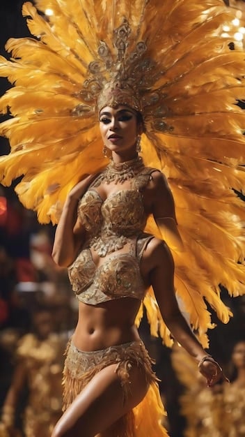 A close-up shot of a Brazilian samba dancer in full vibrant costume, showcasing intricate details of the feathers, sequins, and headdress, with a blurred background of a lively street parade, capturing the energy and passion of Brazilian culture.