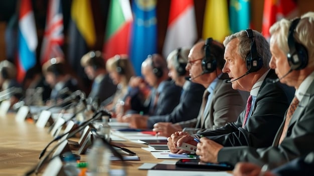 A photo of a G20 summit meeting in progress, with world leaders seated around a large table, engaged in discussions. There are simultaneous translators wearing headsets.