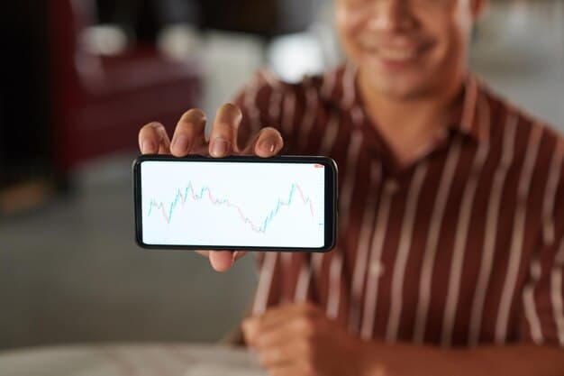 A photo of a smartphone displaying the Bolsa Família app, with a hand tapping the screen. The app interface shows the beneficiary's name, benefit amount, and payment schedule. The background is a blurred image of a busy city street.