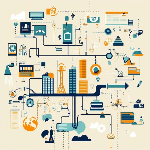 A graphic illustrating different icons representing critical infrastructure sectors (energy, water, communication, etc.) interconnected by a digital network, with magnifying glasses focusing on vulnerabilities and protective shields appearing, symbolizing risk assessment and mitigation in cybersecurity.