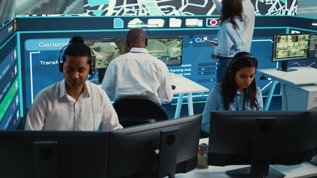 A visual representation of a cybersecurity response team working in a security operations center (SOC), with multiple screens displaying real-time threat analysis, network monitoring, and incident response protocols, highlighting the importance of collaboration and vigilance in cybersecurity.