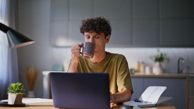 A person working on a laptop at home, with a cup of coffee and a notebook nearby. The screen shows a tax preparation software interface, and the overall atmosphere is calm and focused, emphasizing the importance of staying organized and informed about personal finances.