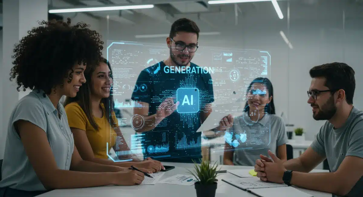 Profissionais brasileiros colaborando com projeção holográfica de IA generativa