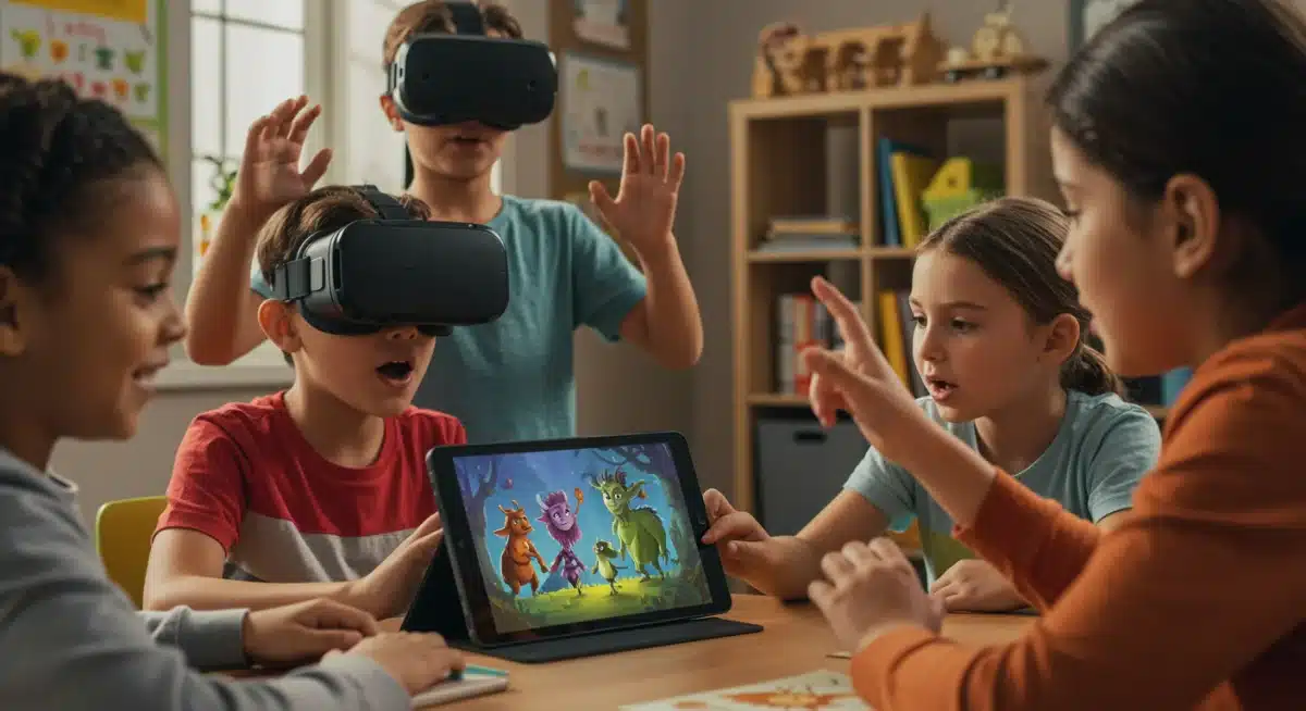 Crianças engajadas em uma sessão de contação de histórias com realidade virtual e tablets