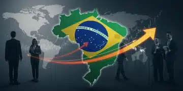 Fluxo de capital internacional para o Brasil, com elementos gráficos de crescimento econômico e finanças globais.