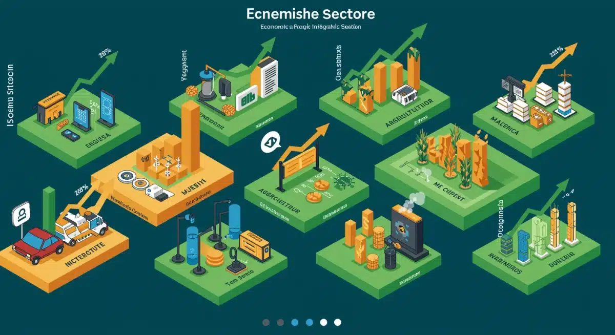Infográfico detalhando setores econômicos em crescimento no Brasil e oportunidades de investimento para empreendedores.