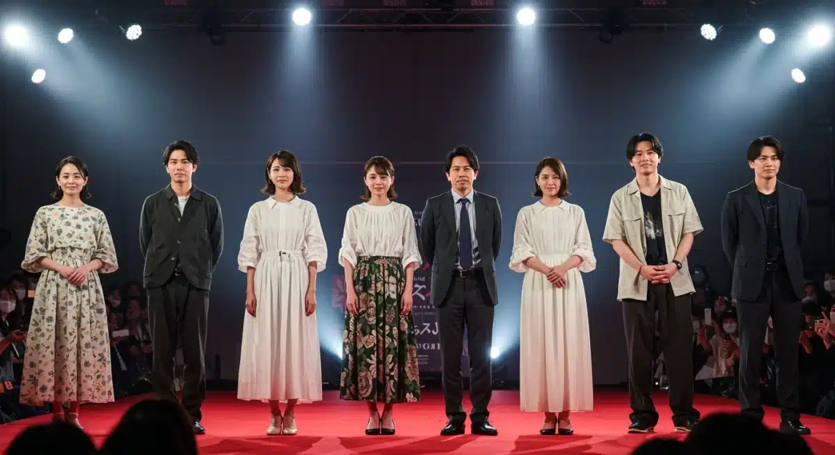 Actores japoneses en alfombra roja, celebrando el estreno de un dorama muy esperado.
